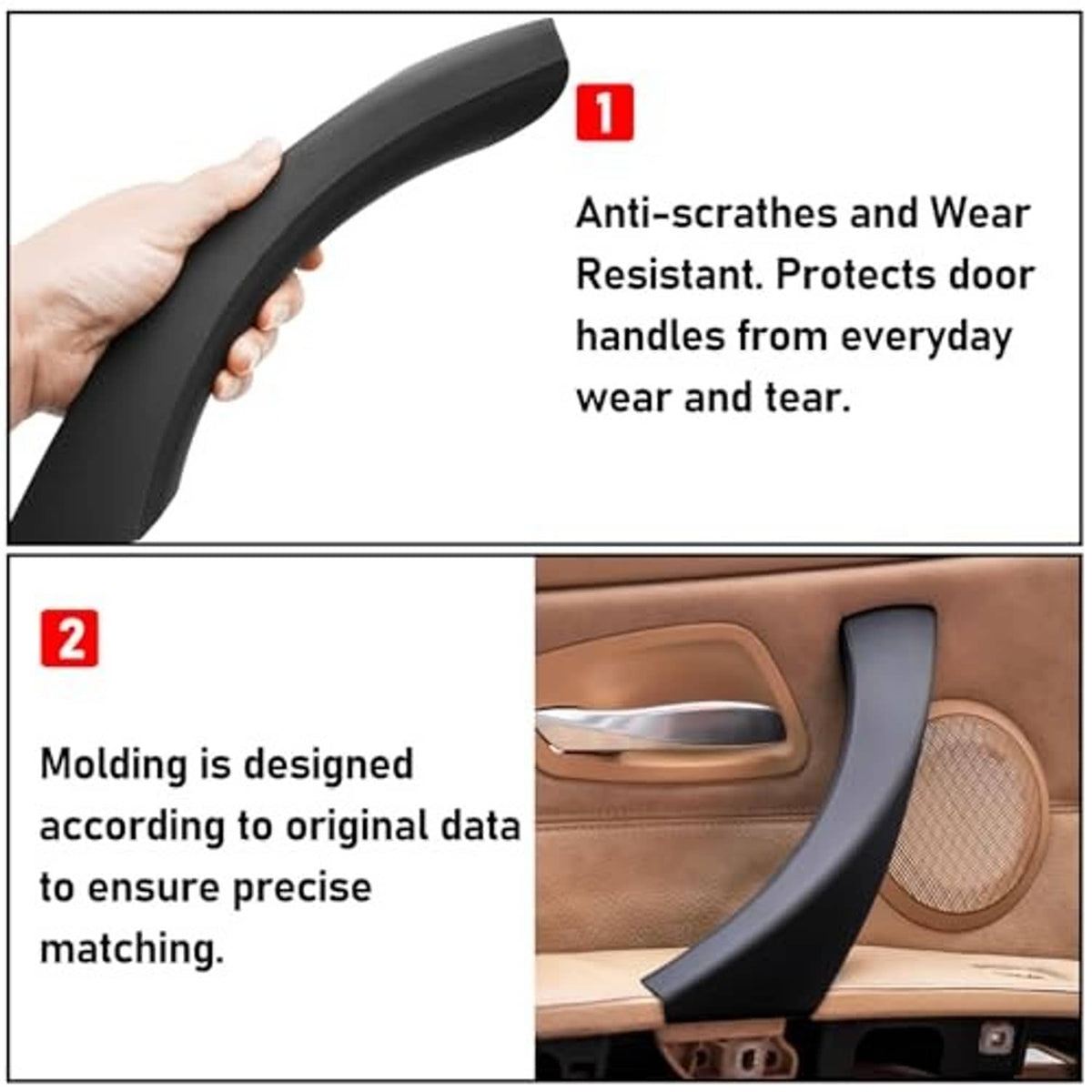 Black anti-scratch door handle cover held in hand, with usage callouts and car door.