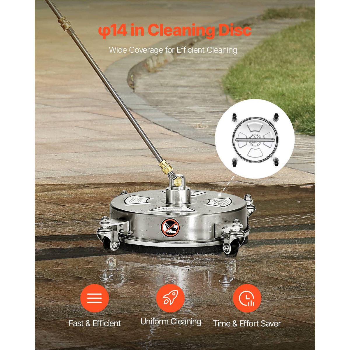 Pressure washer surface cleaner with long wand, rotating disc for driveway and patio