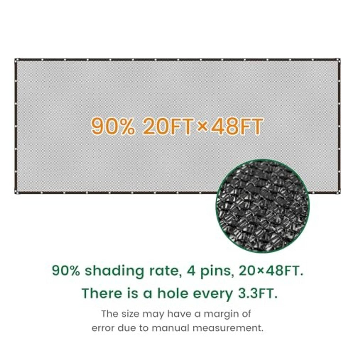 Black 20x48 ft shade cloth rectangle with corner grommets and close-up weave detail
