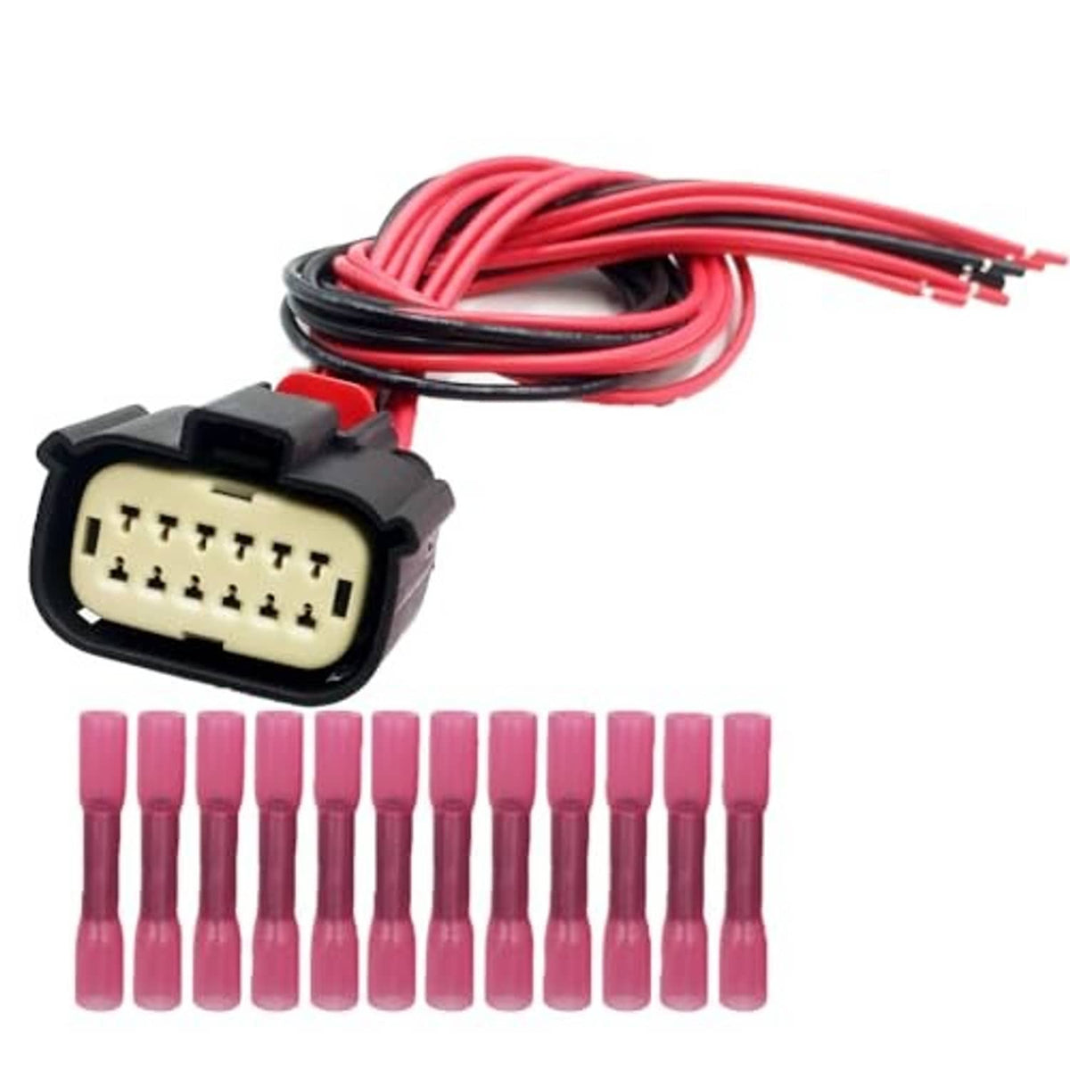 Headlight connector harness kit with red wire pigtail and 12 pink terminals