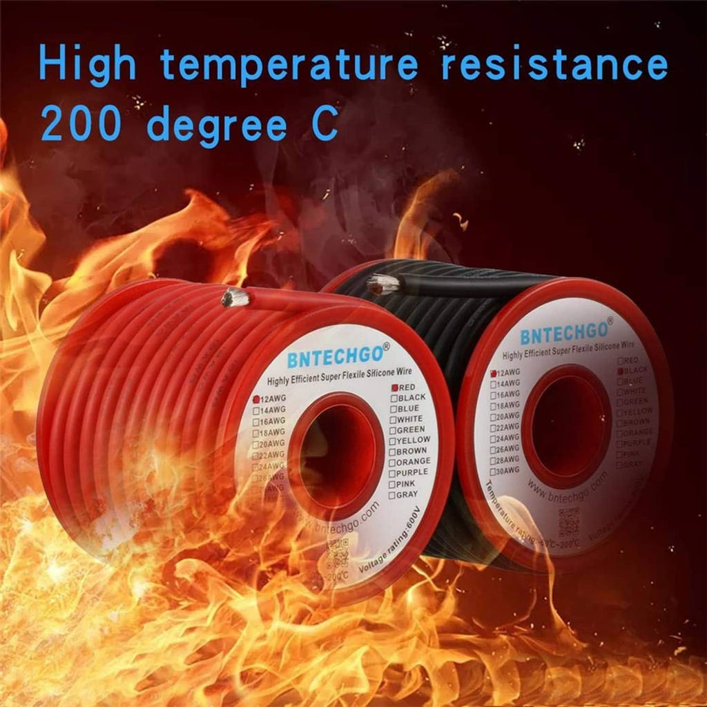 Twin 12 gauge silicone wire spools in red and black with heat-resistant insulation