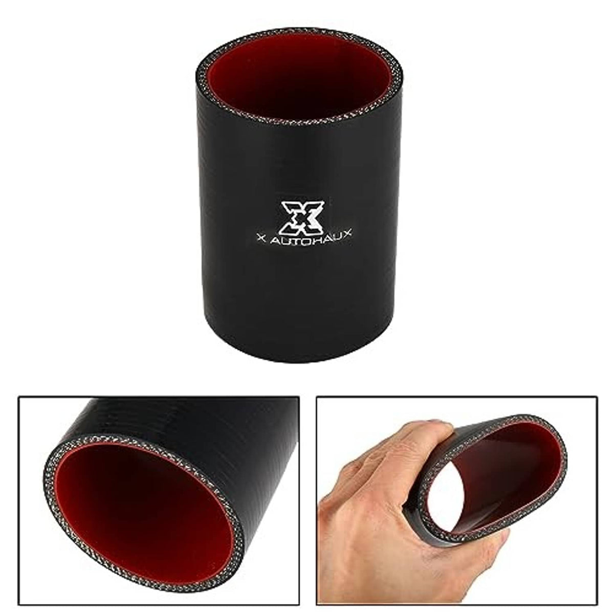 Black silicone coupler with red-lined opening, close-up views and hand-held angle