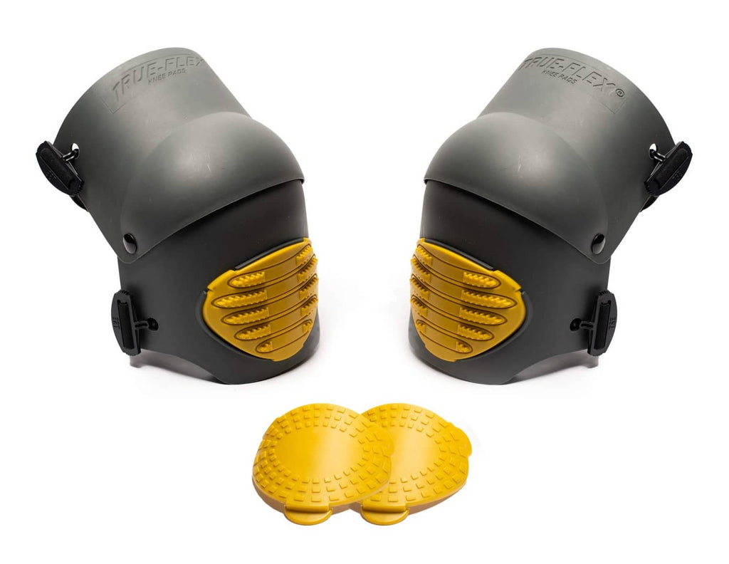 Flex work knee foam padding pads, dark gray shells with yellow anti-slip inserts