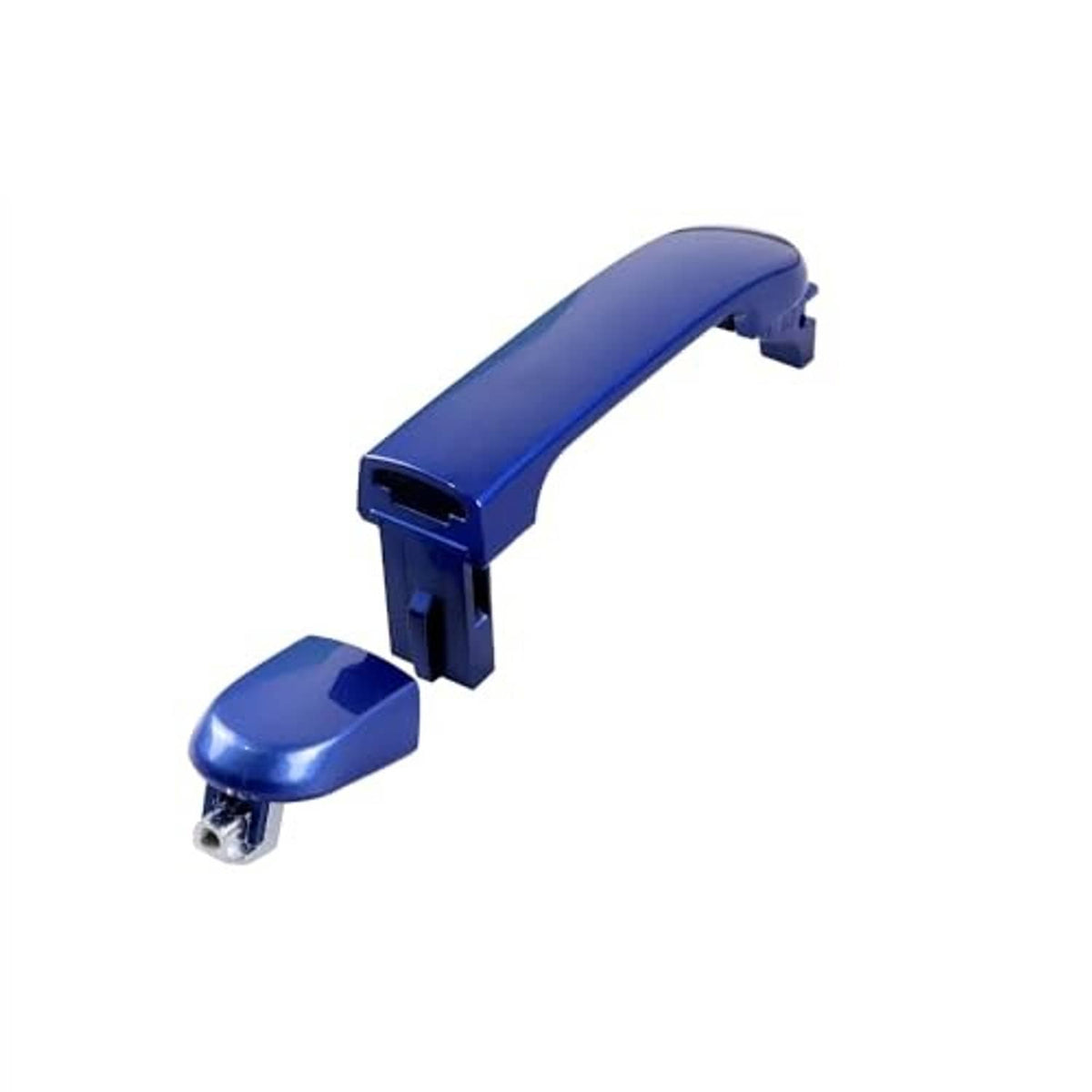 Blue exterior door handle with attached pull and mounting stud