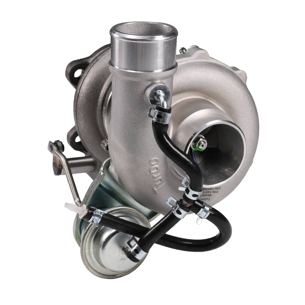 Turbocharger assembly with large inlet housing, outlet pipe, and electrical vacuum lines
