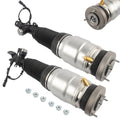Air suspension shock strut set with black bellows and silver cylinders, includes mounting hardware
