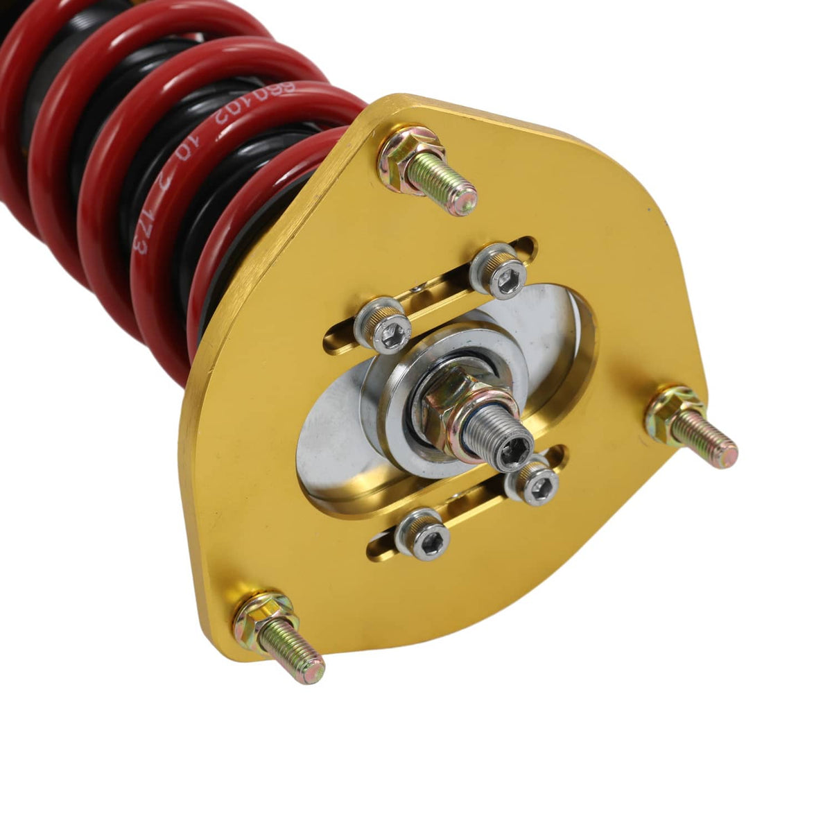 Gold top plate for coilover strut with red spring and threaded adjustment hardware