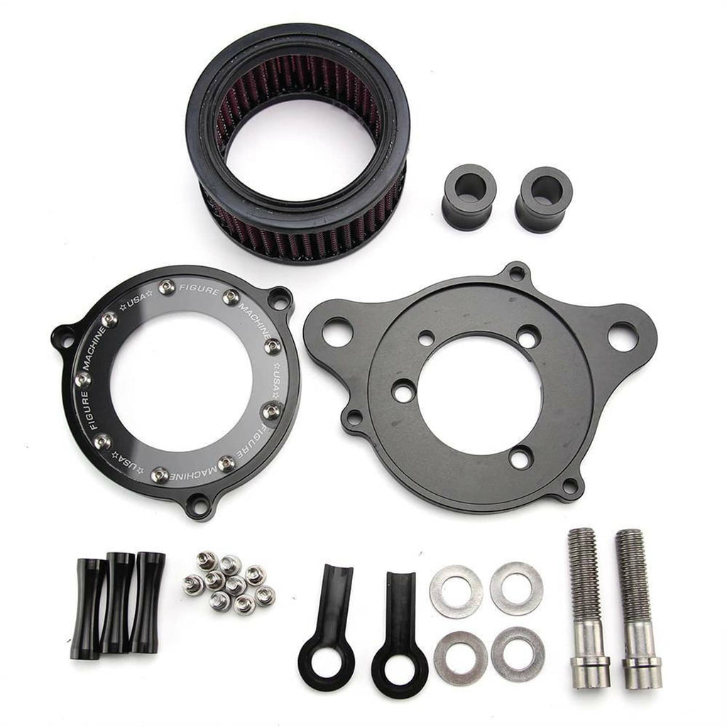 Air cleaner intake filter system kit with pleated purple/red filter, rings, and screws