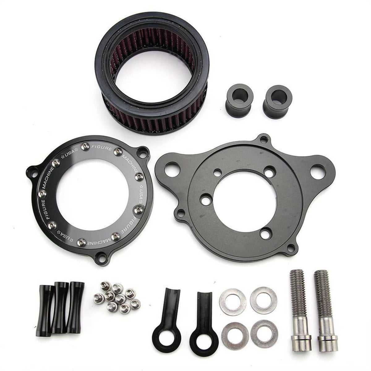 Air cleaner intake filter system kit with pleated purple/red filter, rings, and screws
