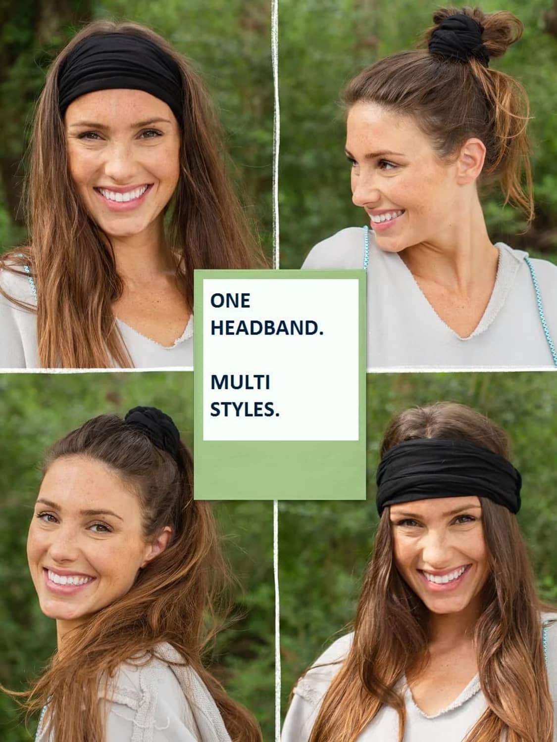 Multiple women wearing a wide elastic black headband.