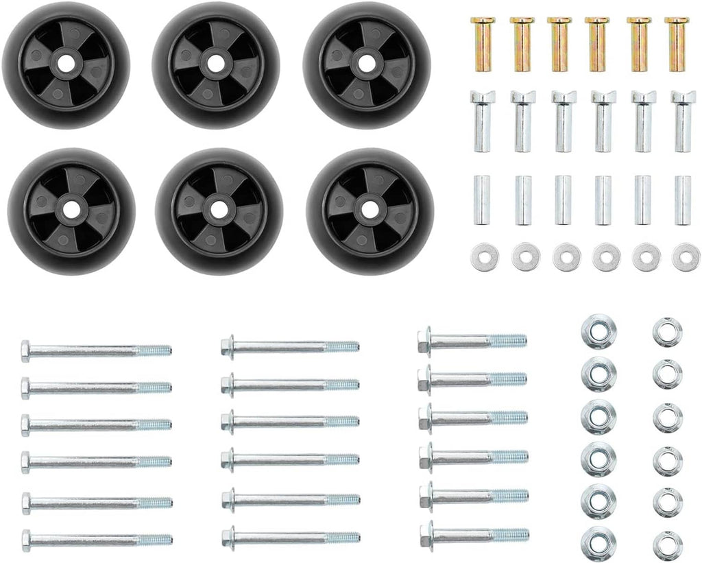 Mower deck wheel kit set: six black wheels with bolt hardware and washers