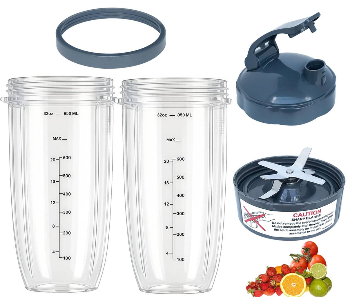 Set of clear 32oz blender cups with dark lid, blade and spacer ring