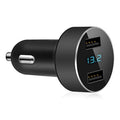 Black dual USB car charger with LED voltage display and two USB ports