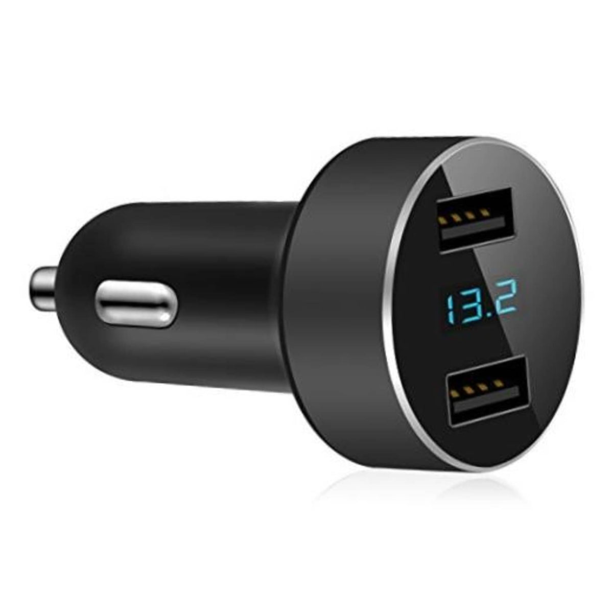 Black dual USB car charger with LED voltage display and two USB ports