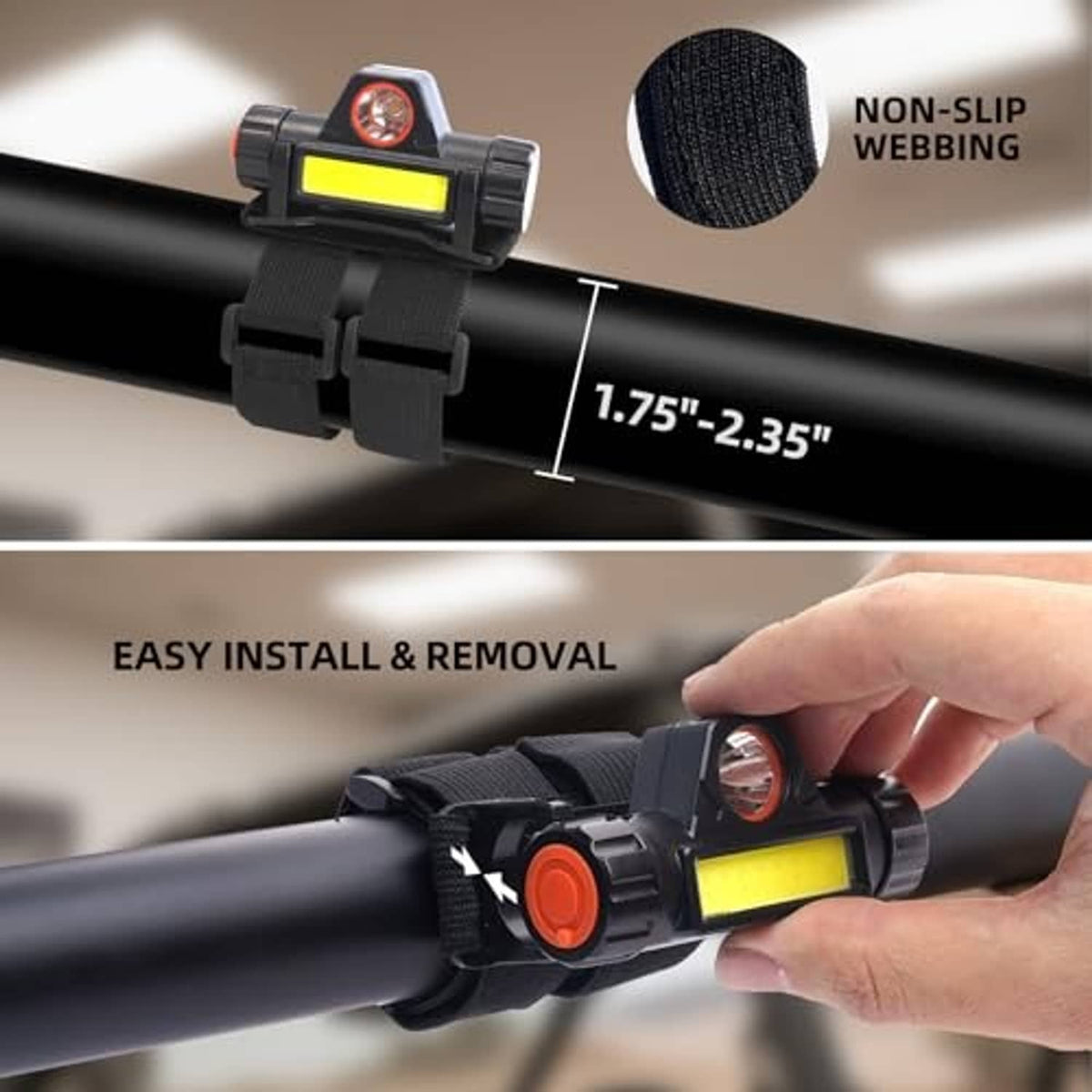 Rechargeable UTV interior light with non-slip webbing straps and COB LED bar