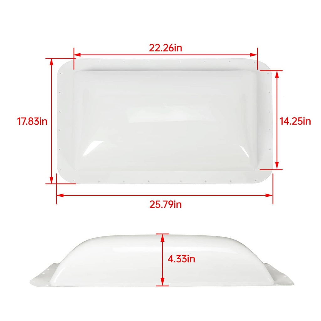 White skylight cover dimensions shown on rectangular dome cover panel