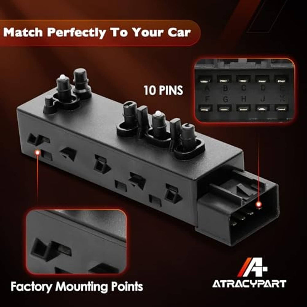 Power seat control switch with 10-pin connector and factory mounting points