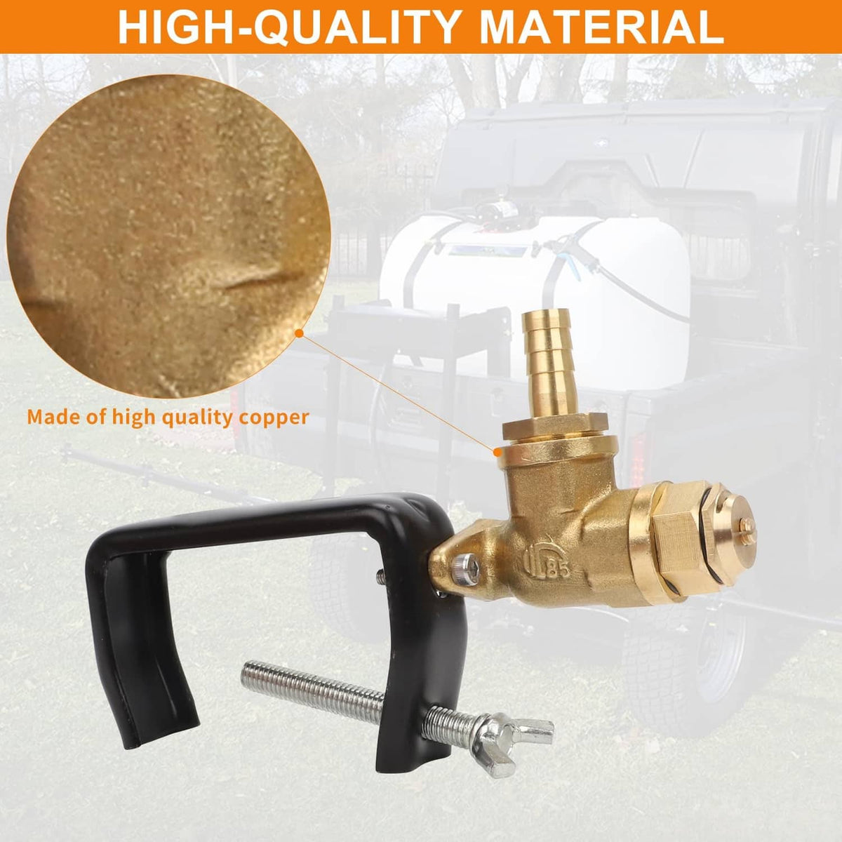 Boomless sprayer nozzle with black U-handle and brass construction, brass outlet fitting