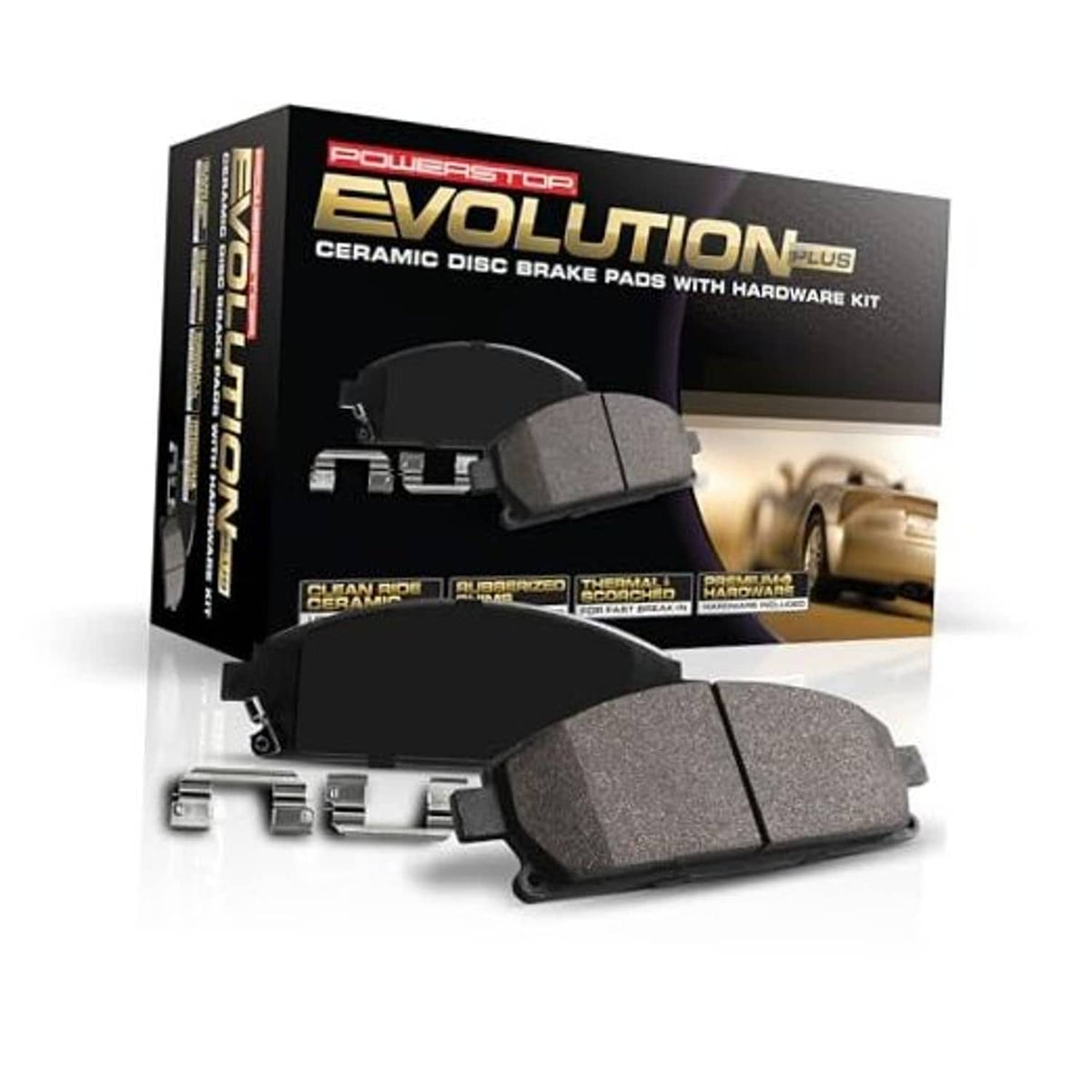 Front ceramic disc brake pads with hardware kit, gray friction material and metal clips