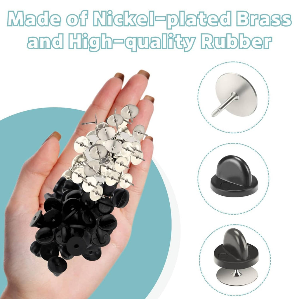 Tie tack pin backs: black and silver round bases with metal posts, held in a hand