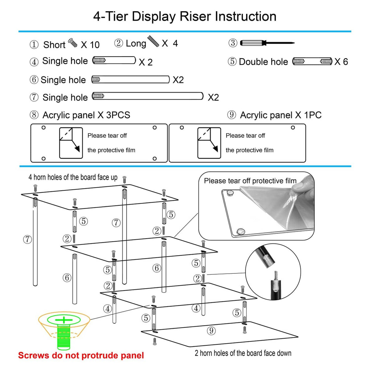 4-tier acrylic display riser instruction diagram with screws and acrylic panels