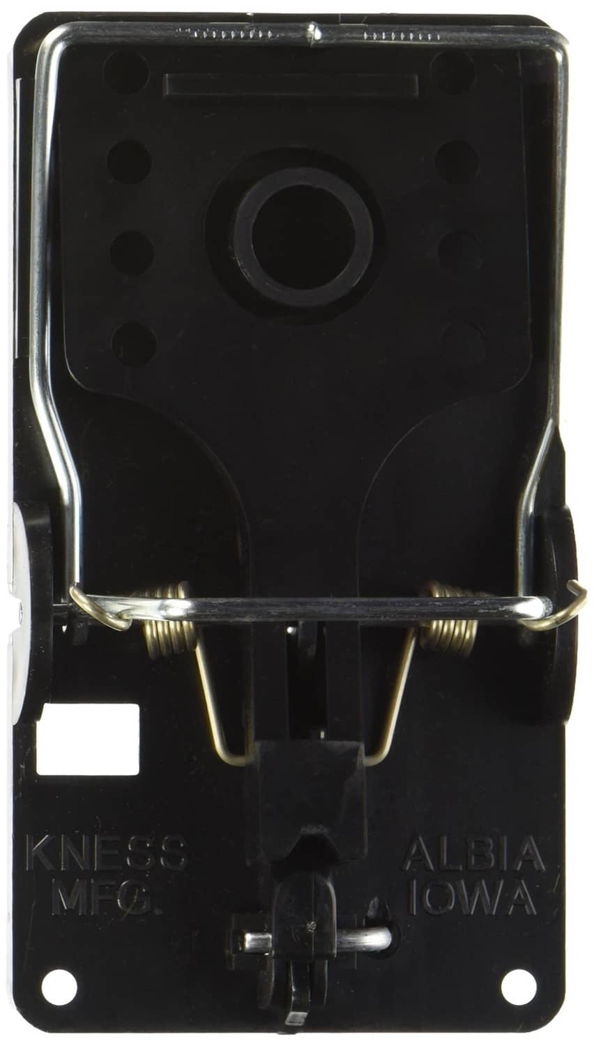 Black rat snap trap rear view with metal wire frame and mounting tabs
