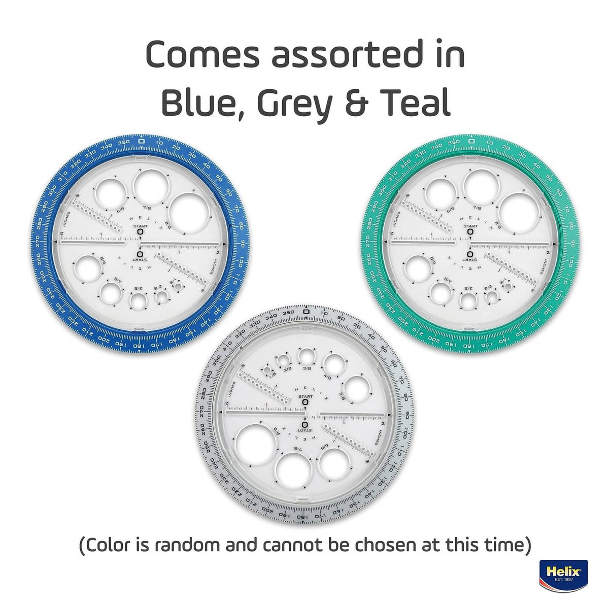 Angle and circle maker set assorted in blue, grey, and teal protractor rings