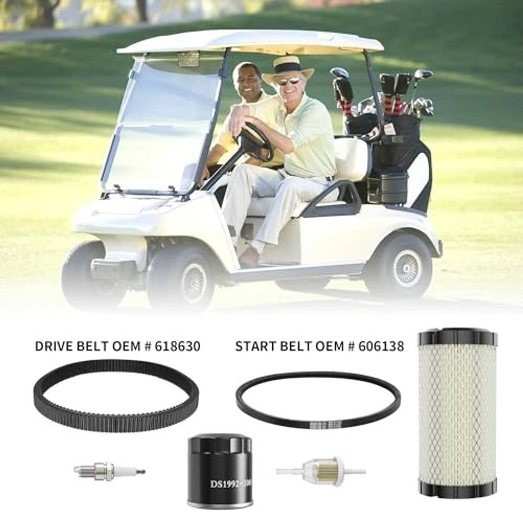 Golf cart tune-up kit with two drive belts, air filter cylinder, spark plugs, oil filter