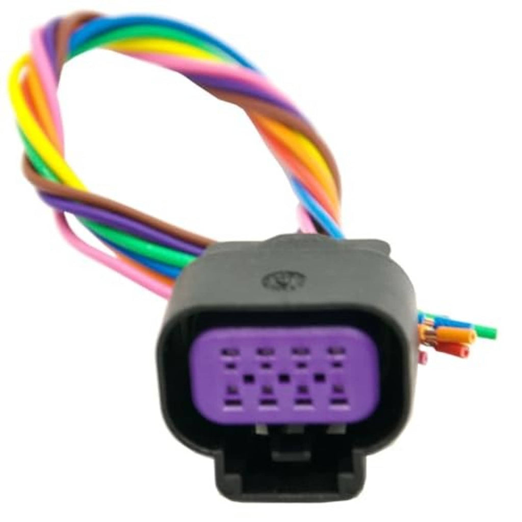 Throttle body connector plug pigtail front view with purple pin insert and colored wires