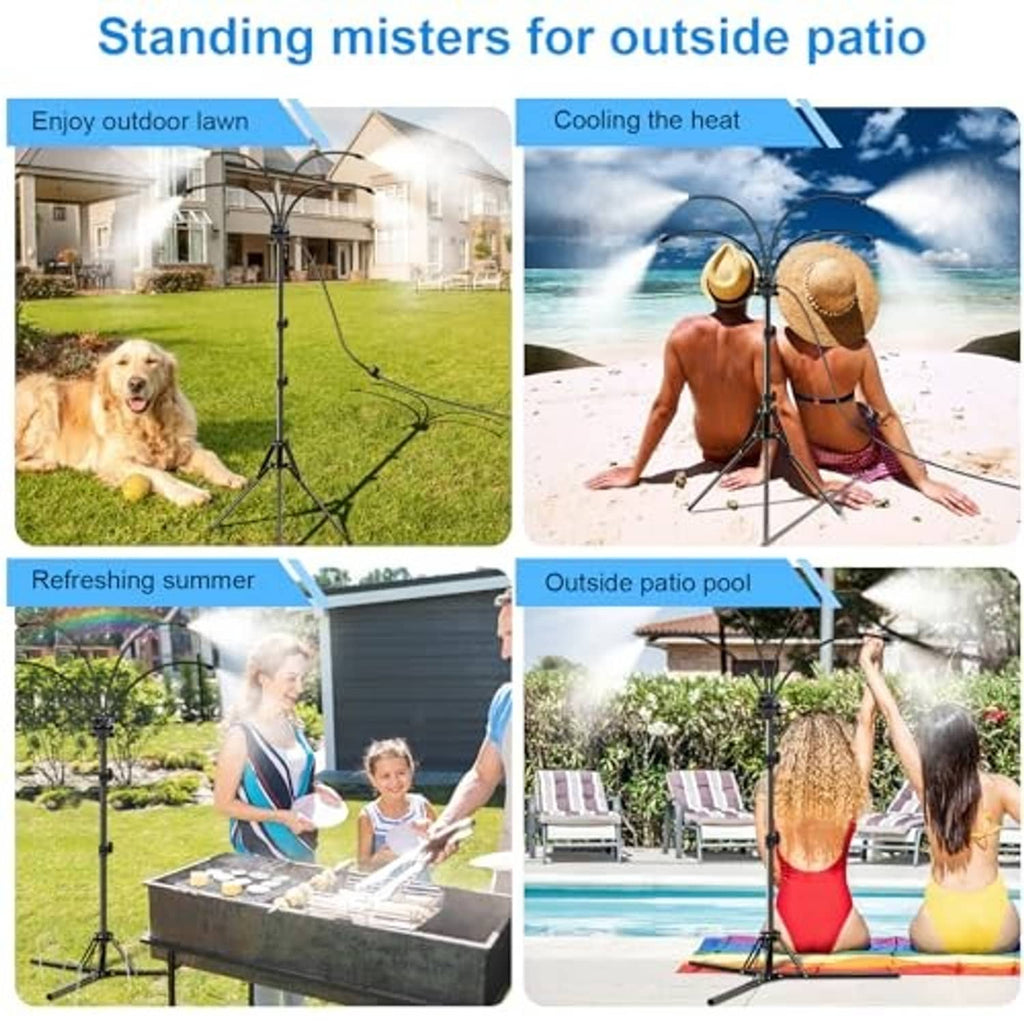 Black tripod outdoor misting stand shown cooling a lawn, pool, and patio