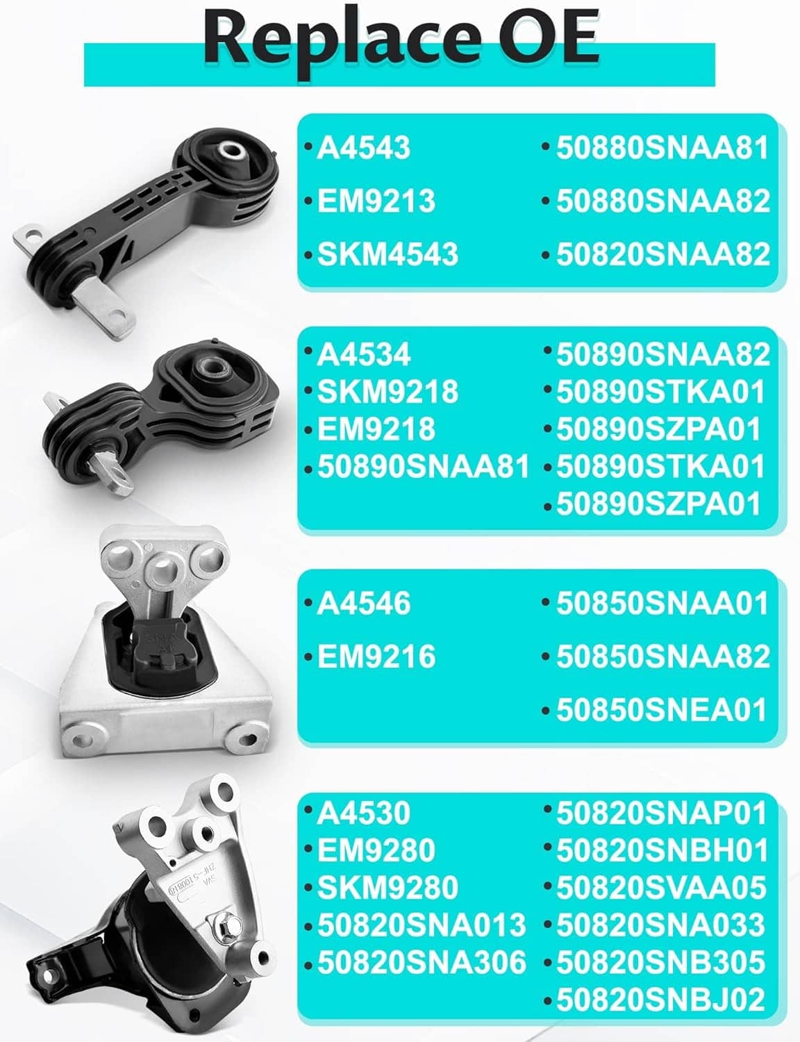 Motor mount set with black rubber and silver brackets, multiple styles shown