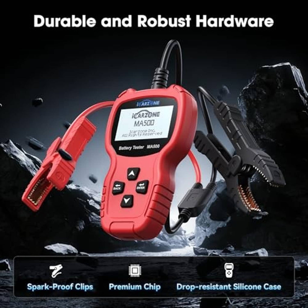 Red battery tester with black cable and spark-proof clips, shown with silicone case