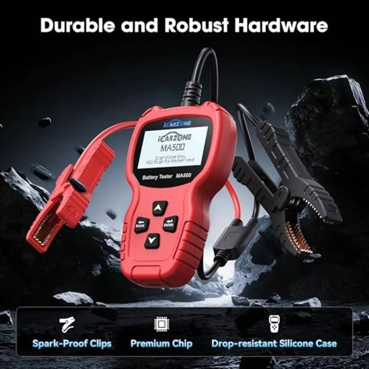 Red battery tester with black cable and spark-proof clips, shown with silicone case