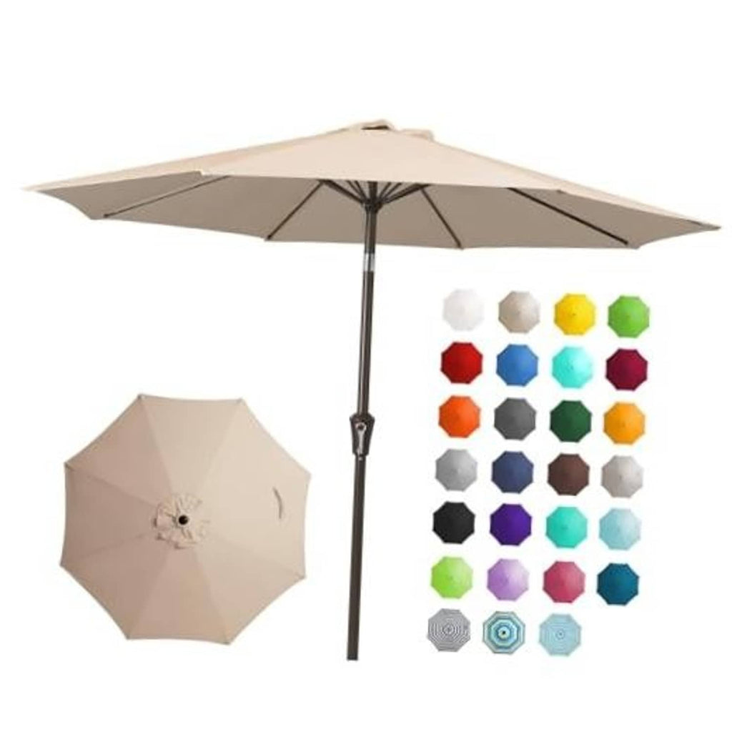 Beige 9 ft patio umbrella with open canopy and straight center pole