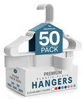 White plastic coat hangers with curved shoulders, 50-pack display card