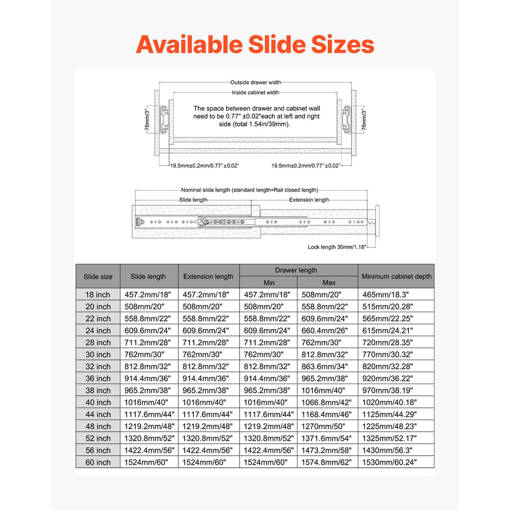 Full-extension drawer slide sizing chart with rail dimensions and mounting holes, silver.