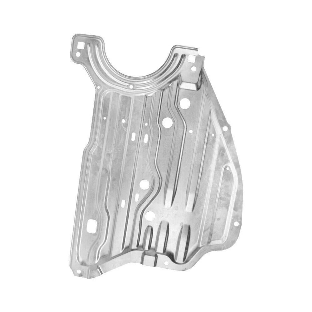 Engine splash guard shield, underside view silver metal with ridges and bolt holes