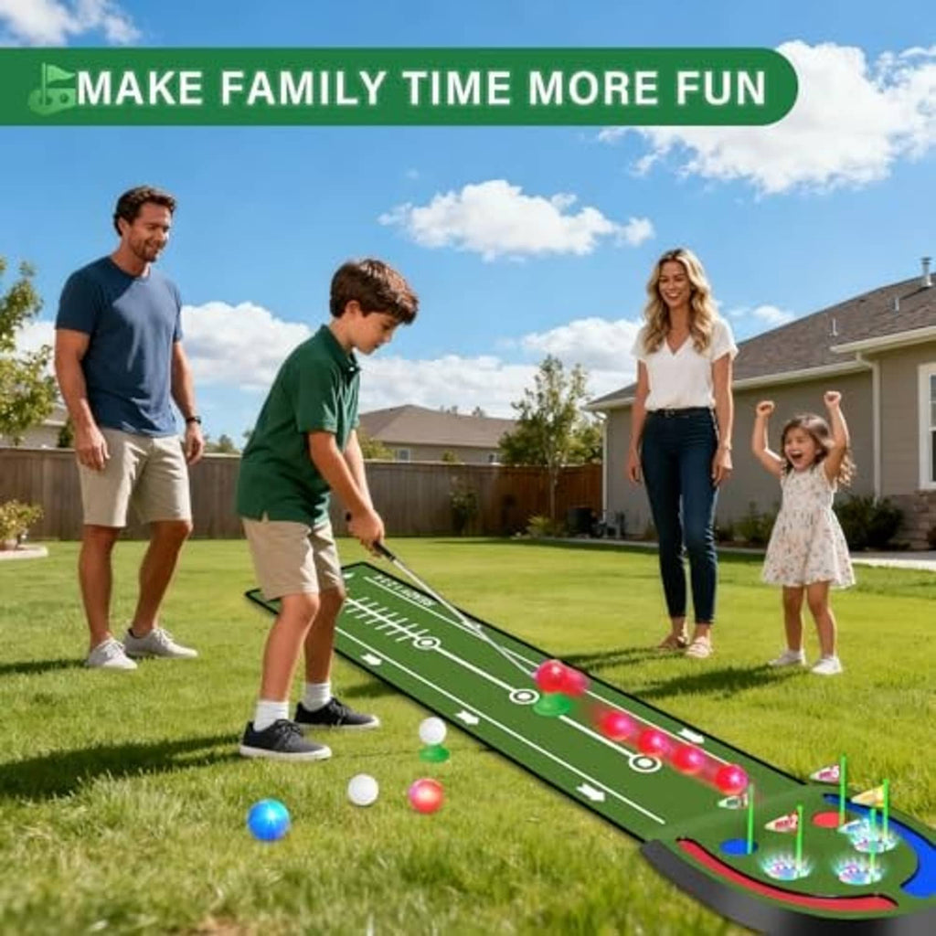 Lighted kids golf putting mat with glowing balls and green cup targets