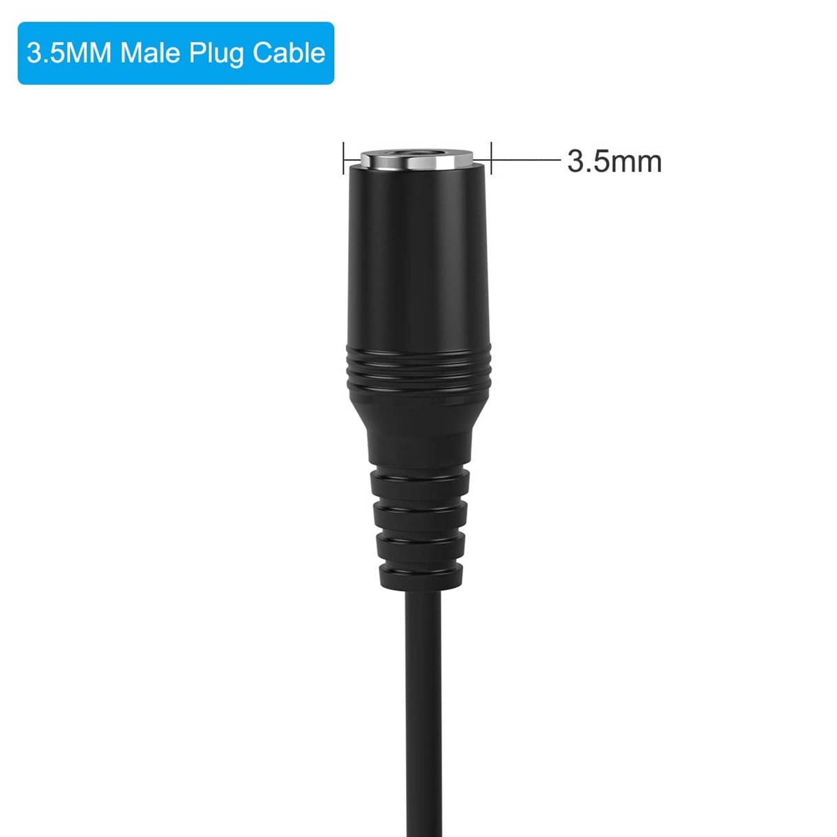 3.5mm plug connector cable with black housing, metal tip, and 3.5mm measurement