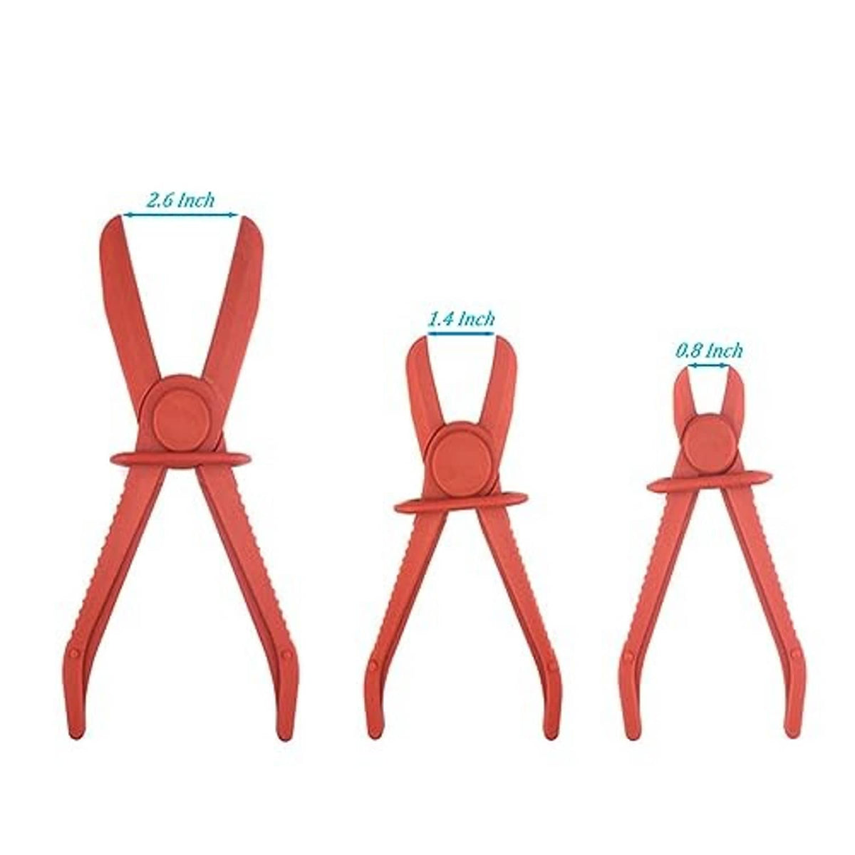 Red plastic hose pinch-off pliers set with three size measurements diagram