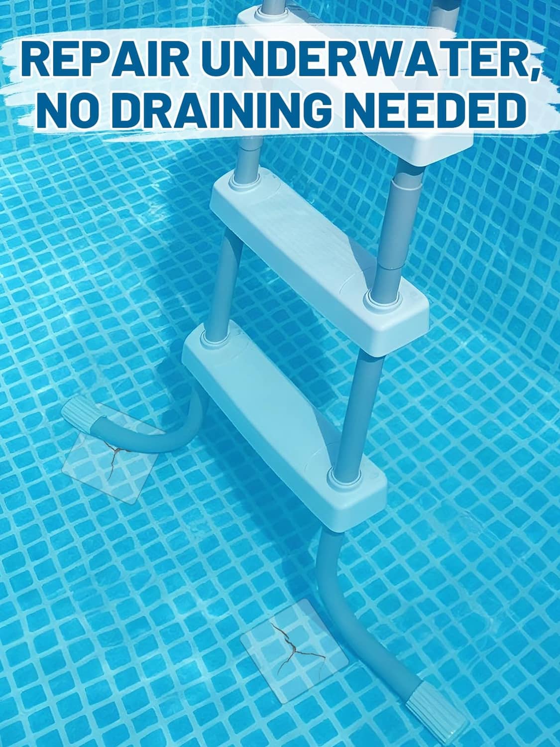 Clear square underwater repair patches stuck on pool steps for liner leak repair