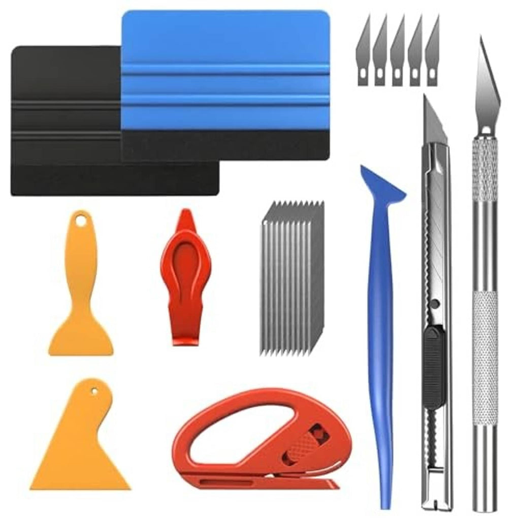 Window tint tools set with blue handle scraper, blade cards, and orange film squeegees