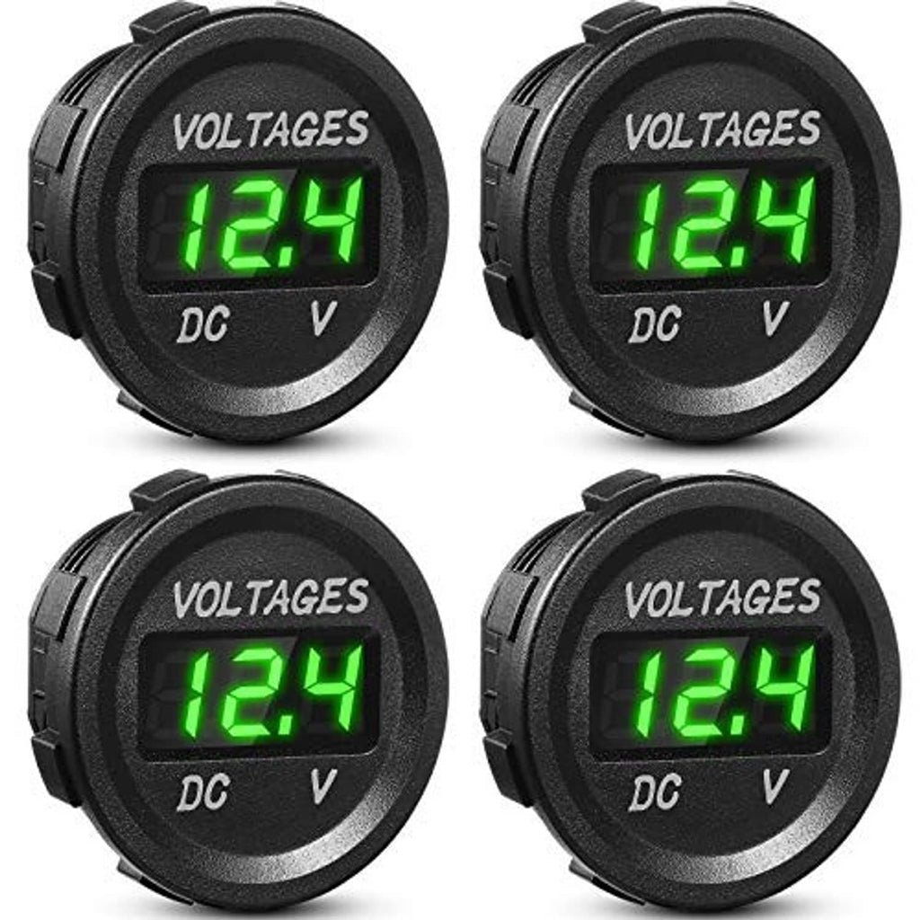 Four-pack round DC car voltage gauges with green LED displays reading 12.4