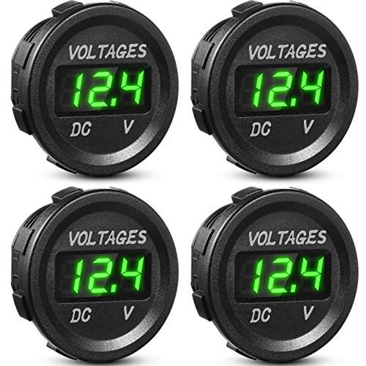 Four-pack round DC car voltage gauges with green LED displays reading 12.4
