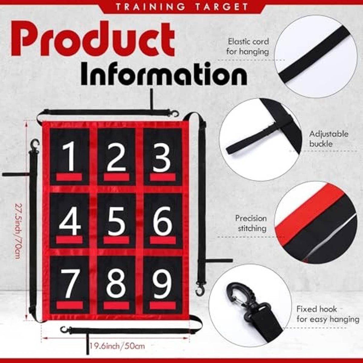 Baseball pitching target net with numbered 1-9 grid and elastic hanging cord