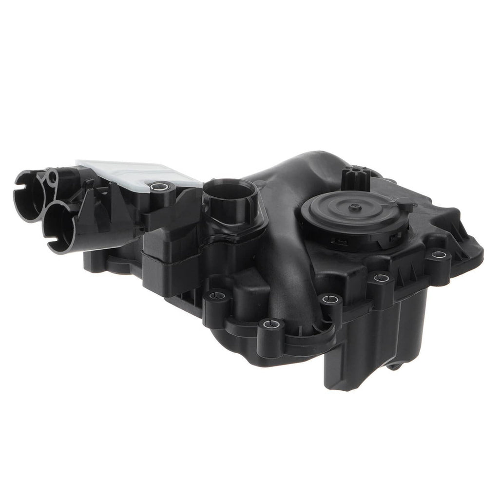 Black PCV oil separator valve with round cap and molded mounting tabs