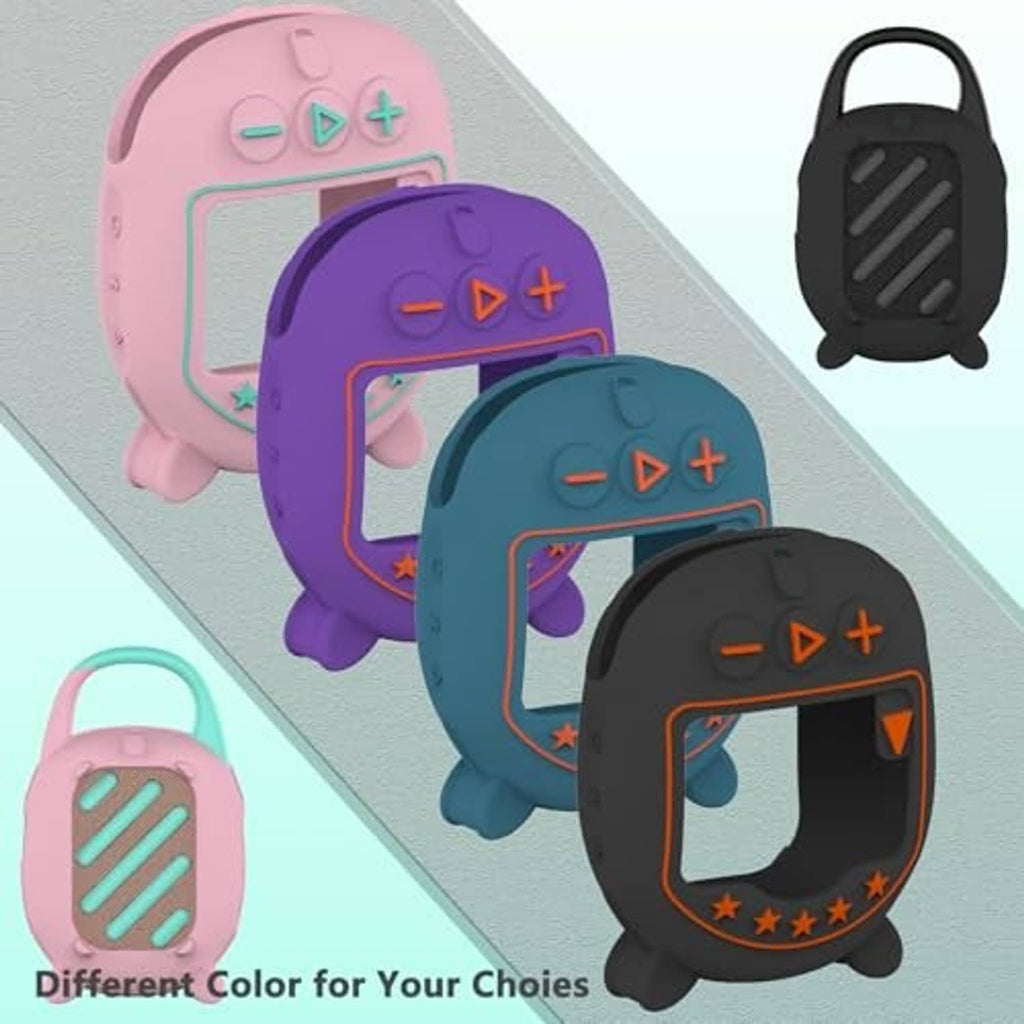 Assorted color silicone JBL Clip 5 speaker cases: pink, purple, teal, and black
