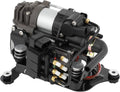 Air suspension compressor pump assembly, black housing, silver cylinder, hose and electrical fittings