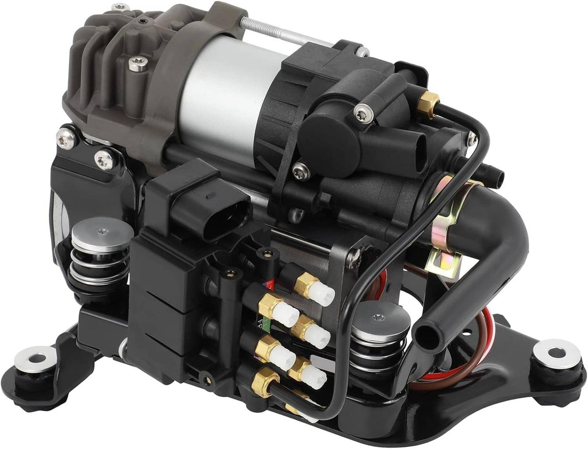Air suspension compressor pump assembly, black housing, silver cylinder, hose and electrical fittings