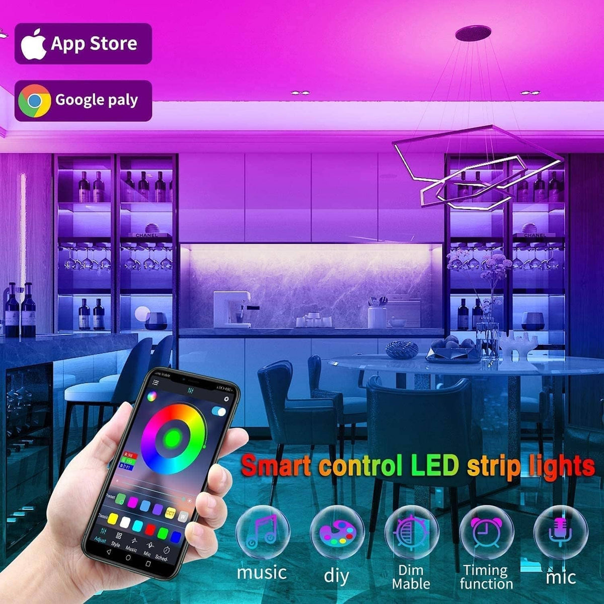 App-controlled RGB LED strip lights with music, DIY, dimming, timing, and mic